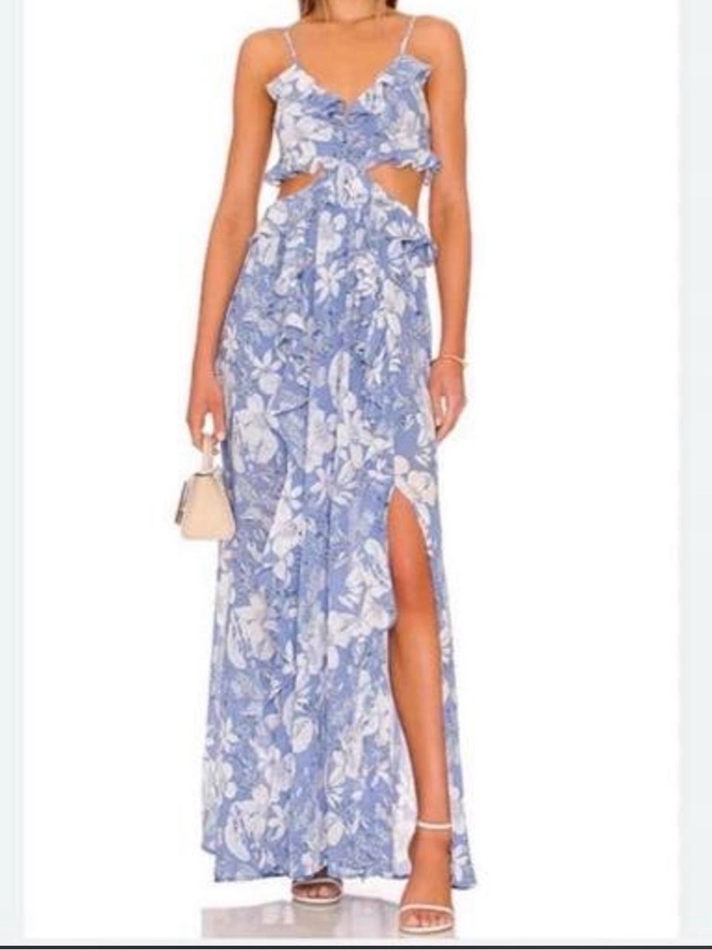 ASTR the label palace dress in blue and white floral